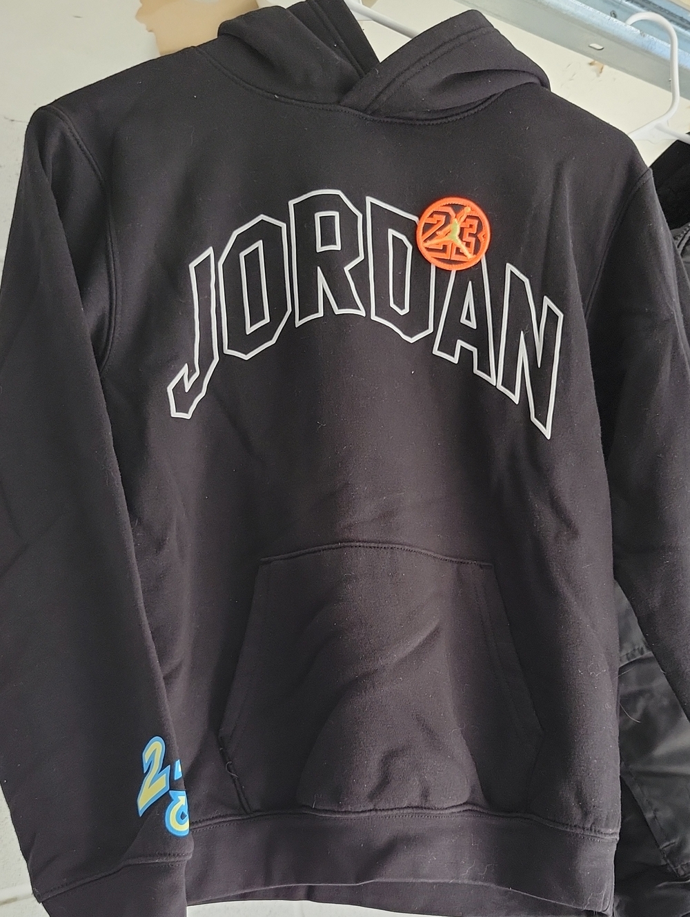 Jordan Black Crewneck Pullover Hoodie with White Outline Logo and Orange 23 BOYS